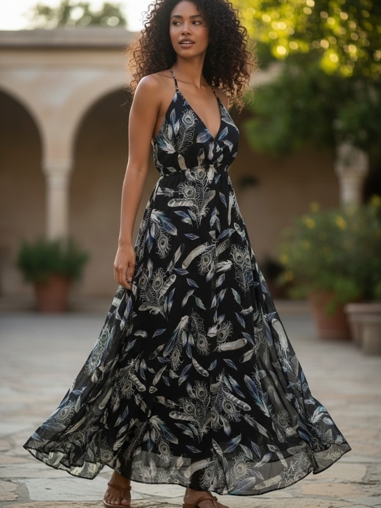 Before You Dresses & Skirts - Black V Neck Feather Print Maxi Dress with Adjustable Straps